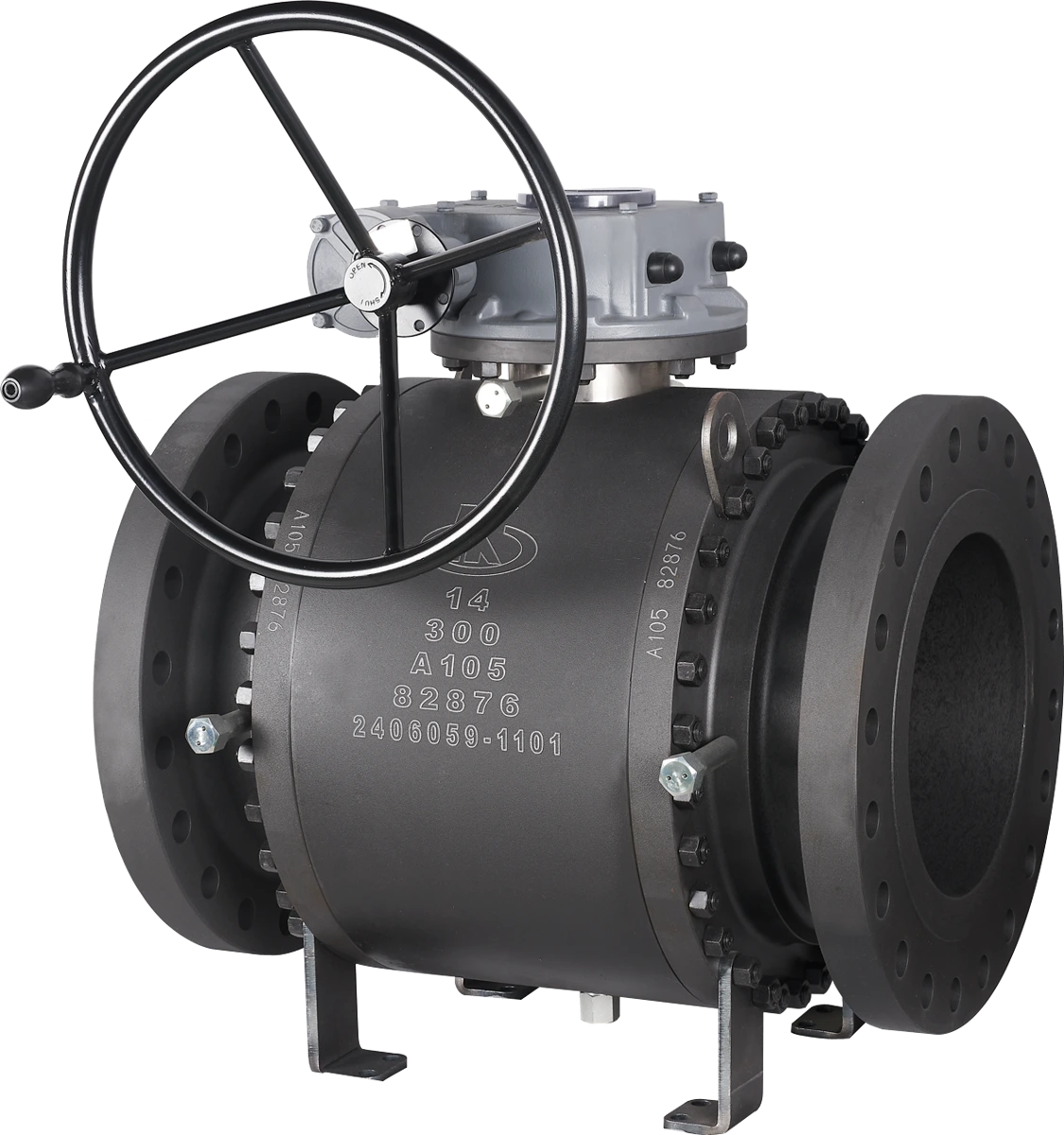 Gear-operated ball valve with support feet