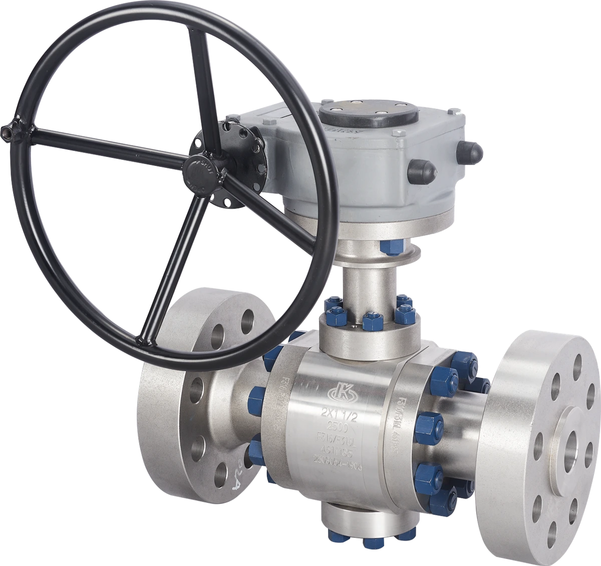 Bolted-body ball valve with manual gearbox