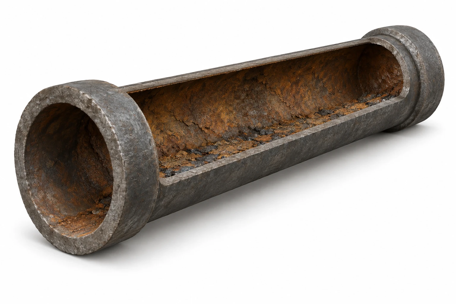 Cutaway of an existing pipe with internal corrosion and deposits before rehabilitation