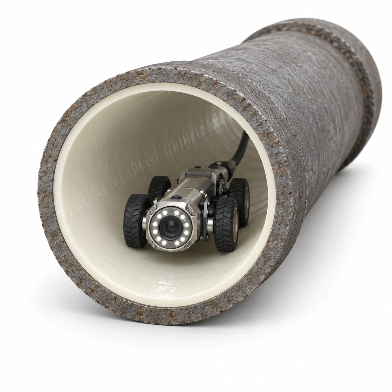 Technology illustration of a CCTV camera inspecting the internal liner of a rehabilitated pipe